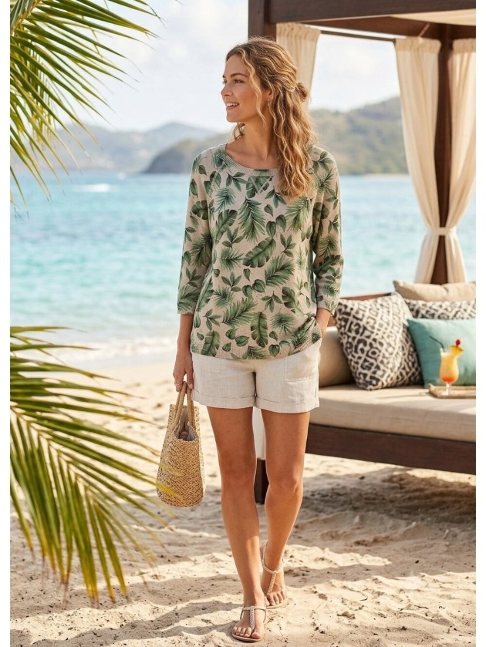 J. Jill Palm Leaf Sweater Beige Size L Coastal Spring Resortwear Beach Preppy